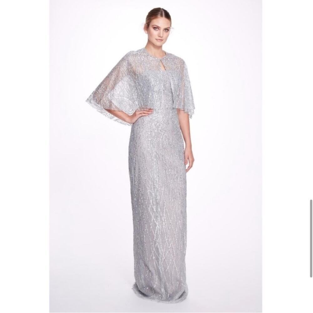 Marchesa Notte Strapless Beaded Glitter Maxi Column Gown w Caplet silver NEW - Picture 3 of 15